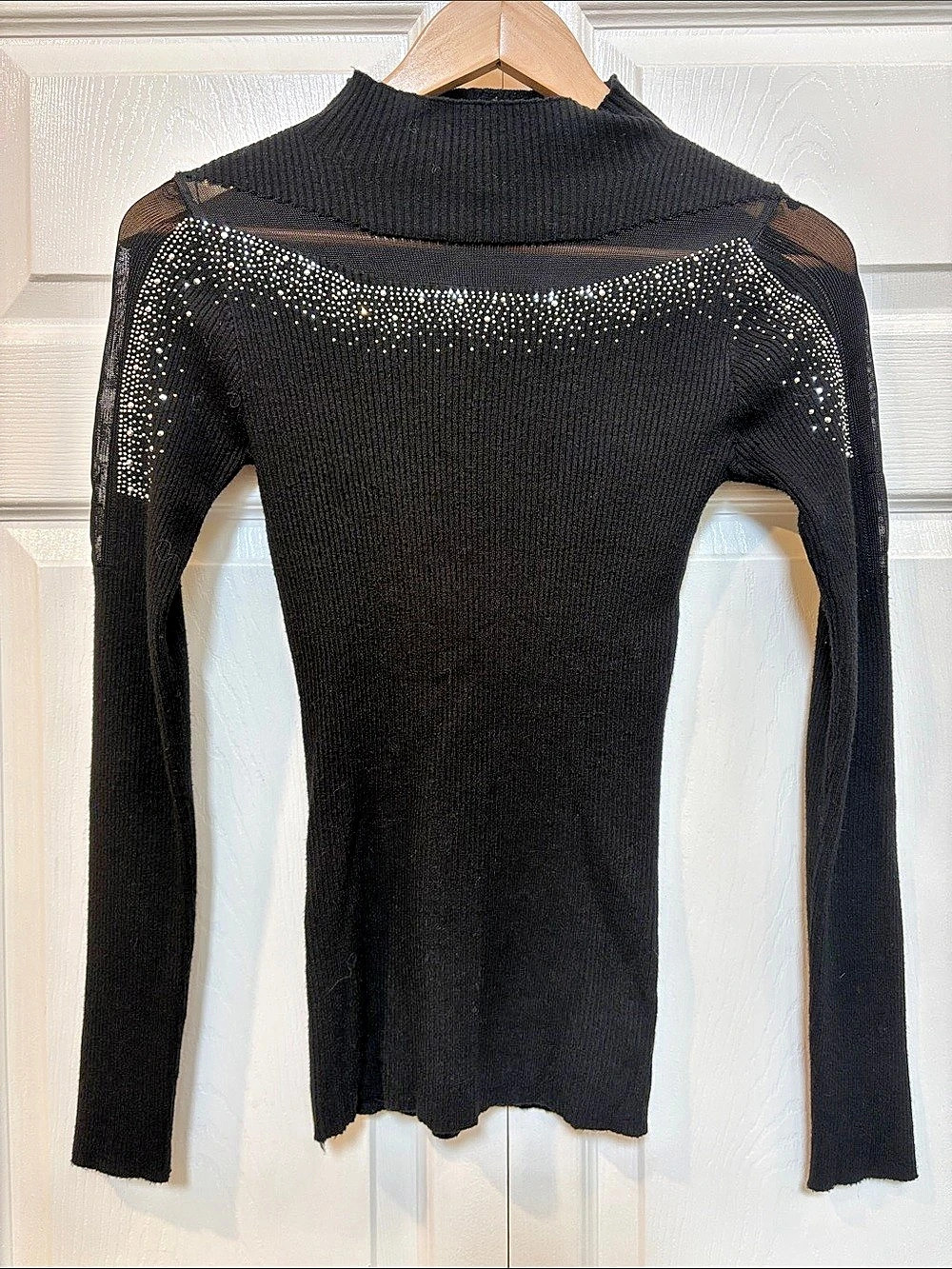 Frank Lyman Black Ribbed Turtleneck with Sheer Mesh & Studs S